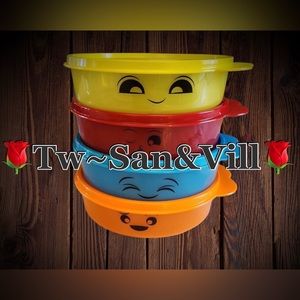 NEW! TUPPERWARE SMILEY FACES MEDIUM ROUND WONDERS 12 OZ 4-PIECES